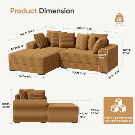 111” L-Shaped Cloud Sofa – Reversible Corduroy 8 Pillows