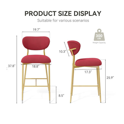 Velvet Bar Stools – 26” Height Gold Metal Legs Set of 2