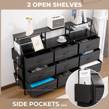 9-Drawer Fabric Storage Tower – Wood Top Metal Frame Side Pockets