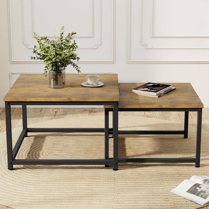 2-Piece Wooden Coffee Table Set – Square, Metal Frame