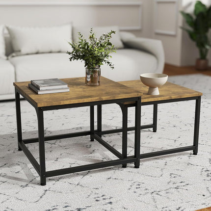2-Piece Wooden Coffee Table Set – Square, Metal Frame