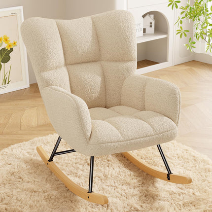 Lambswool Upholstered Rocking Chair High Back 136kg Capacity