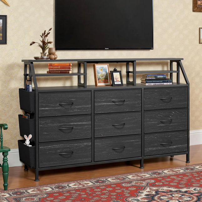 9-Drawer Fabric Storage Tower – Wood Top Metal Frame Side Pockets