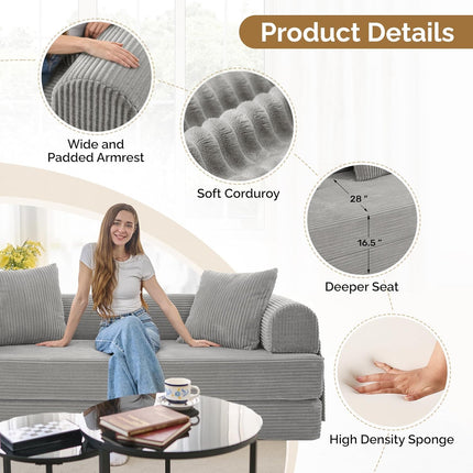 Convertible Corduroy Sofa Bed – Fixed Frame with Pillows