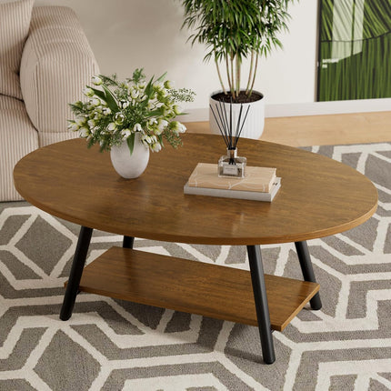 Oval 2-Tier Coffee Table – Solid Wood, Metal Frame