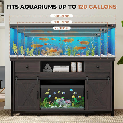Aquarium Stand  55-120 Gal 1000lb Capacity Power Outlet Barn Door Design