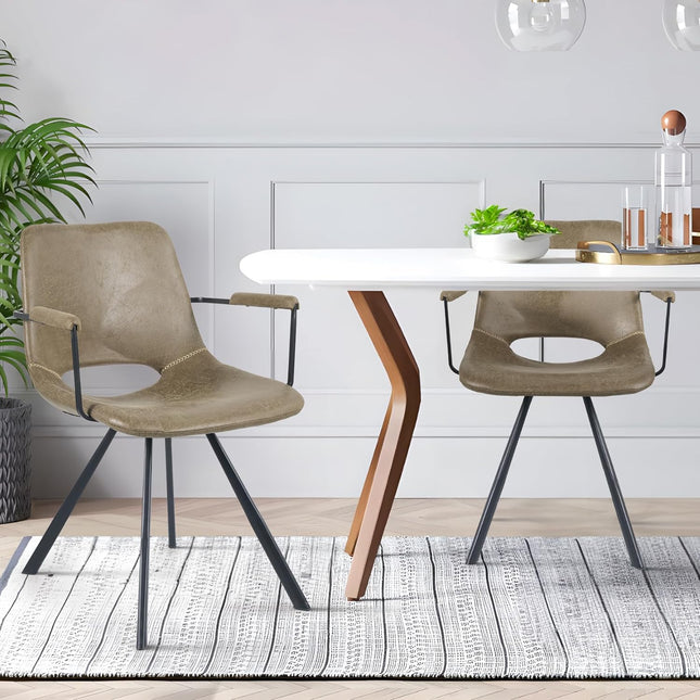 Mid-Century Leather Dining Chairs Metal Legs, Padded Seat Set of 2