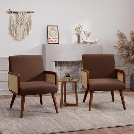 Rattan Accent Chairs – Wood Legs Modern Lounge Design Set of 2