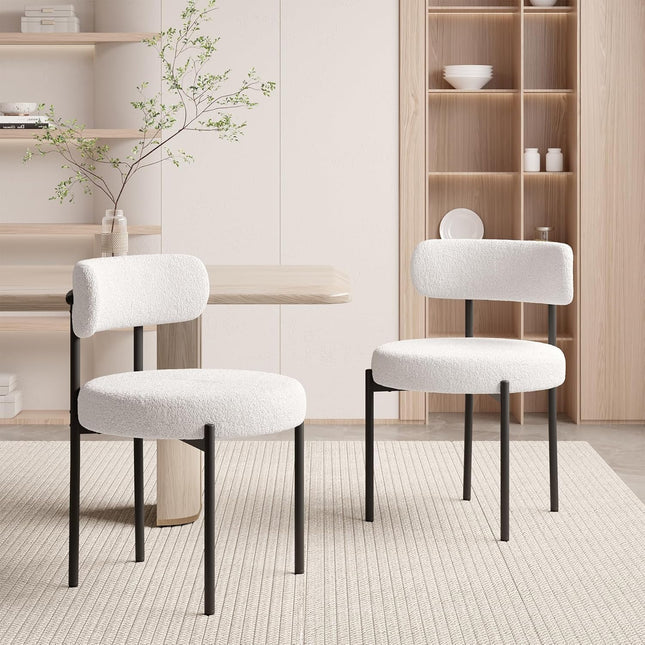 Boucle Dining Chairs – Teddy Fabric Curved Back Metal Legs Set of 4