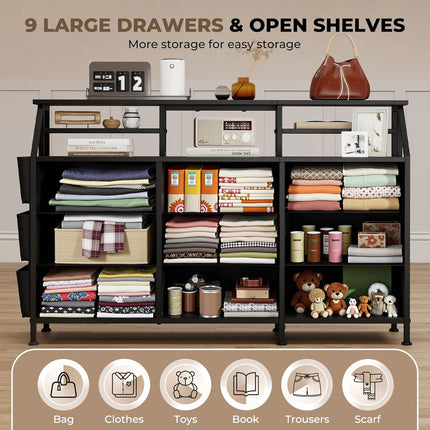 9-Drawer Fabric Storage Tower – Wood Top Metal Frame Side Pockets