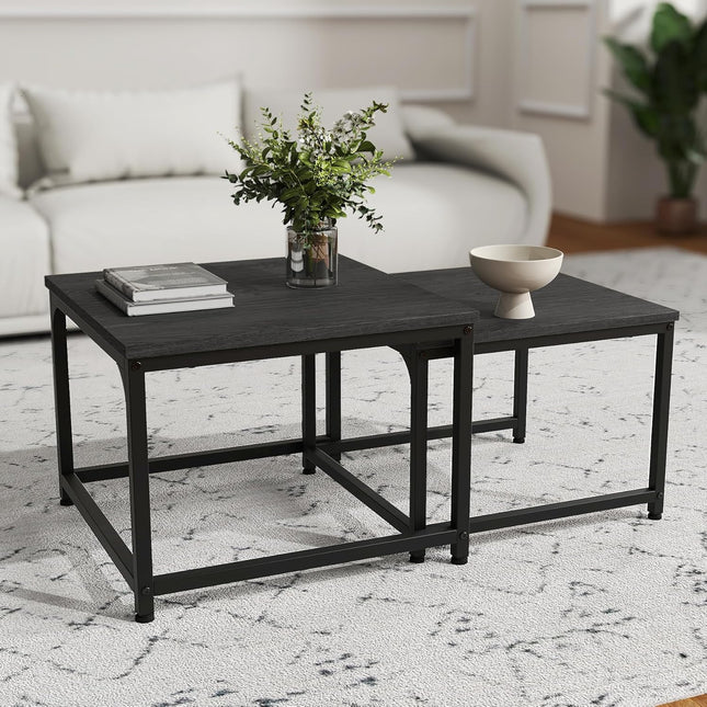 2-Piece Wooden Coffee Table Set – Square, Metal Frame