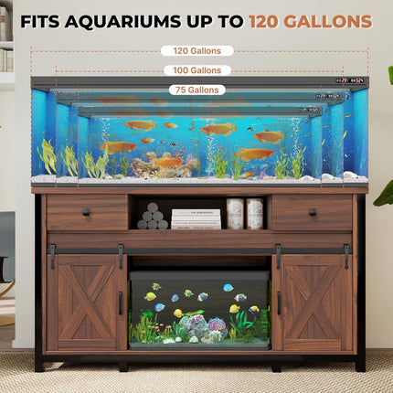 Aquarium Stand  55-120 Gal 1000lb Capacity Power Outlet Barn Door Design