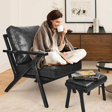 Mid-Century Accent Chair with Ottoman – PU Leather Upholstered