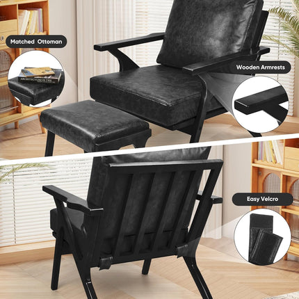 Mid-Century Accent Chair with Ottoman – PU Leather Upholstered