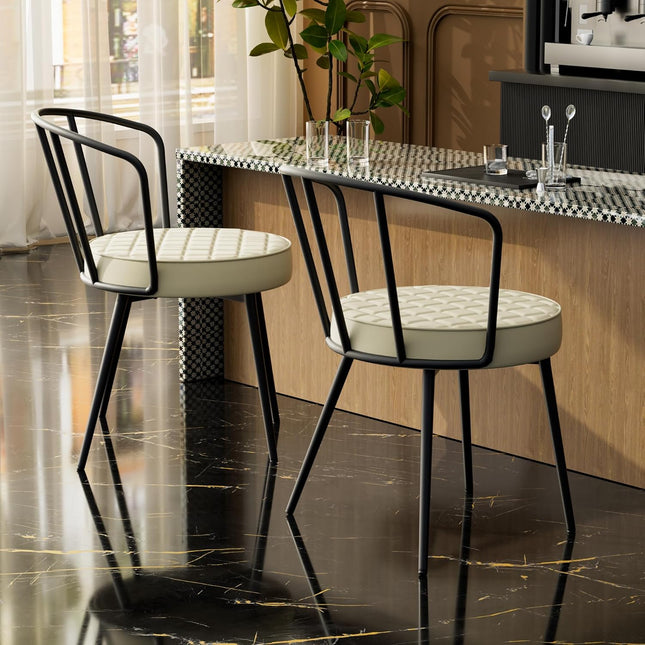 Upholstered Dining Chairs – Leather Seat, Metal Legs Set of 2