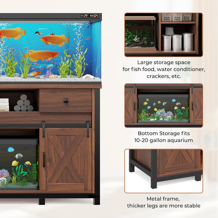 Aquarium Stand  55-120 Gal 1000lb Capacity Power Outlet Barn Door Design