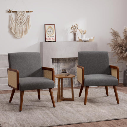Rattan Accent Chairs – Wood Legs Modern Lounge Design Set of 2