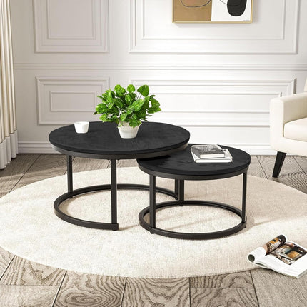 2-Pieces Round Side Table Set – Wooden Top, Metal Frame