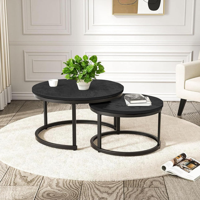 2-Pieces Round Side Table Set – Wooden Top, Metal Frame