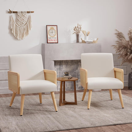 Rattan Accent Chairs – Wood Legs Modern Lounge Design Set of 2