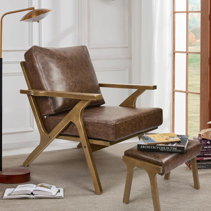 Mid-Century Accent Chair with Ottoman – PU Leather Upholstered