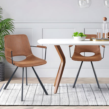 Mid-Century Leather Dining Chairs Metal Legs, Padded Seat Set of 2
