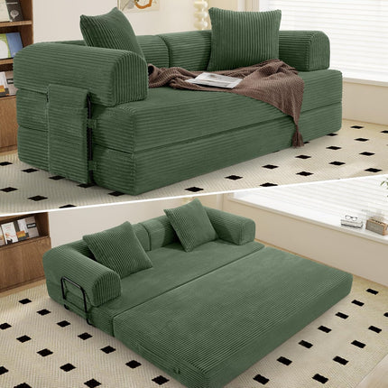 Convertible Corduroy Sofa Bed – Fixed Frame with Pillows