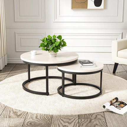2-Pieces Round Side Table Set – Wooden Top, Metal Frame