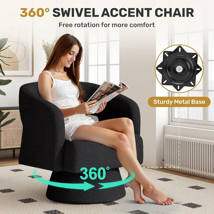 Swivel Barrel Chairs – Teddy Fabric, 360° Rotation Set of 2