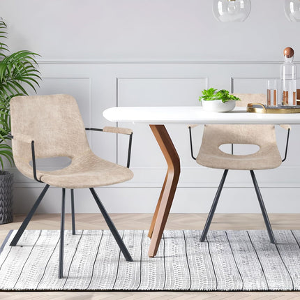 Mid-Century Leather Dining Chairs Metal Legs, Padded Seat Set of 2