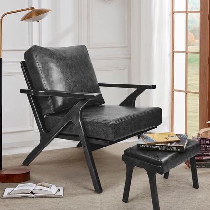 Mid-Century Accent Chair with Ottoman – PU Leather Upholstered