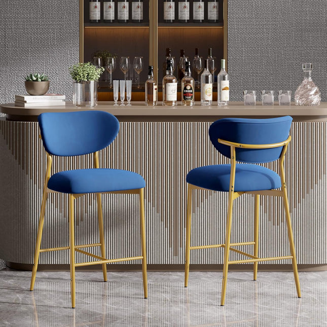 Velvet Bar Stools – 26” Height Gold Metal Legs Set of 2