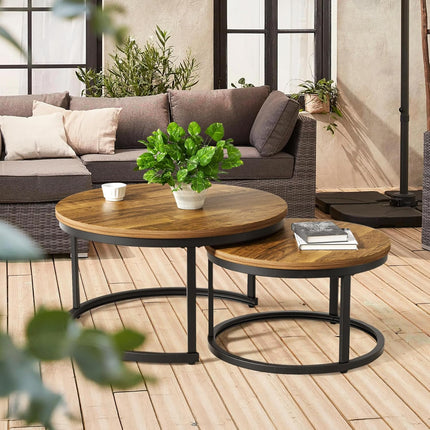 2-Pieces Round Side Table Set – Wooden Top, Metal Frame