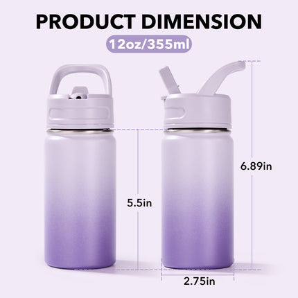 12oz Stainless Steel Kids Water Bottle – Insulated Leak-Proof with Straw