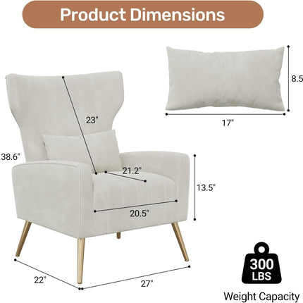 Velvet Wingback Accent Chair – Gold Legs, Lumbar Pillow, High Back