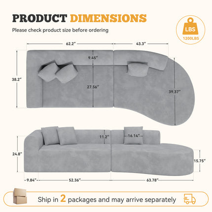 126” Modular Sectional Sofa – Corduroy, Deep Seat, No Assembly