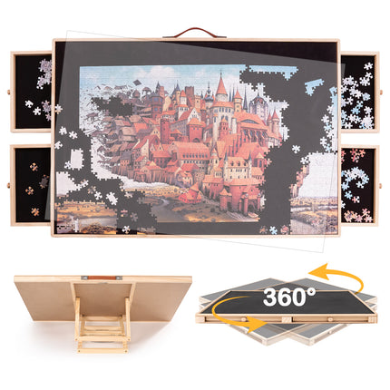 Wooden Puzzle Table Rotating Tilting with 4 Storage Drawers
