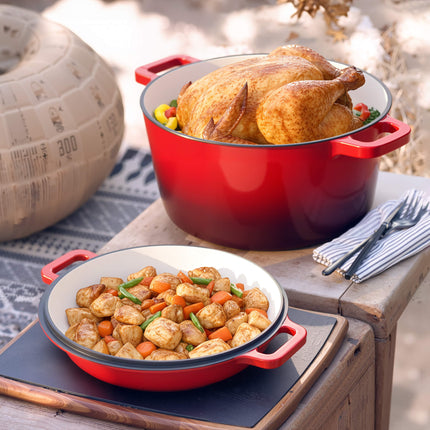 Enamelled Cast Iron Dutch Oven Casserole Pot 2 in 1 Cooking Set