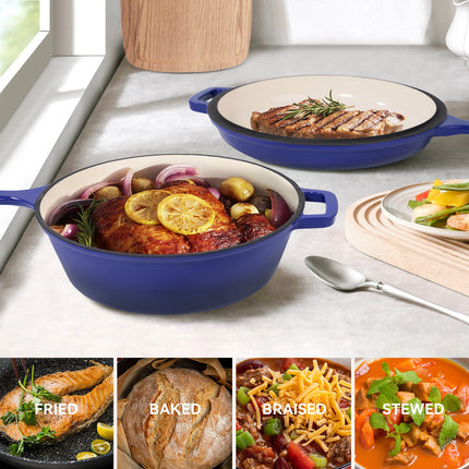 Enameled Cast Iron Skillets and Dutch Oven 2-in-1 Cooking Set
