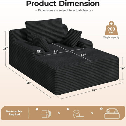 51” Corduroy Chaise Lounge – Deep Seat, Sofa Bed, 2 Pillows