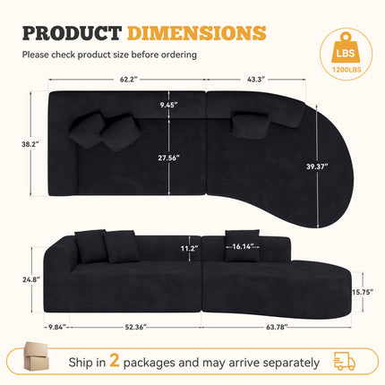 126” Modular Sectional Sofa – Corduroy, Deep Seat, No Assembly