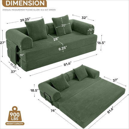 Convertible Corduroy Sofa Bed – Fixed Frame with Pillows
