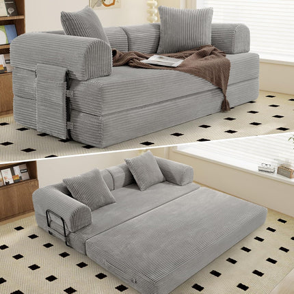 Convertible Corduroy Sofa Bed – Fixed Frame with Pillows