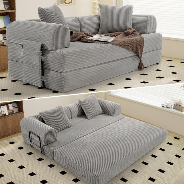Convertible Corduroy Sofa Bed – Fixed Frame with Pillows