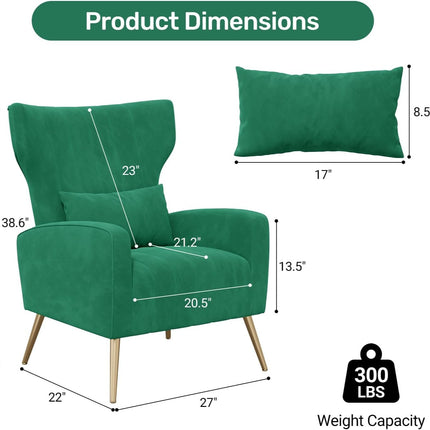 Velvet Wingback Accent Chair – Gold Legs, Lumbar Pillow, High Back