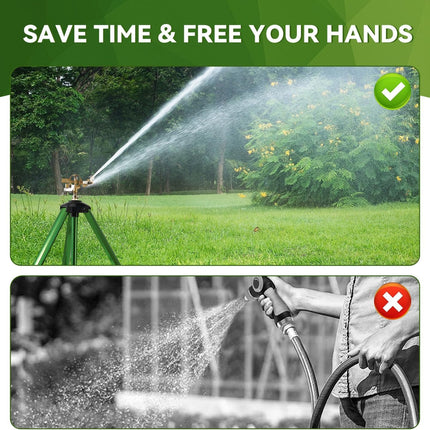 Heavy-Duty Brass Tripod Sprinkler – 360° Irrigation Flip Lock Legs