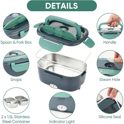 80W Heated Lunch Box Dual Stainless Steel Containers Insulated Bag