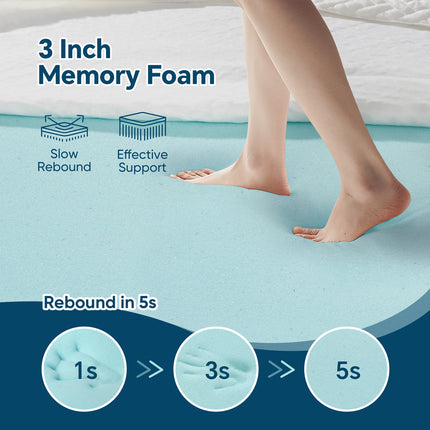 Full-Size 3" Gel Memory Foam Topper Bamboo Cover Removable & Washable