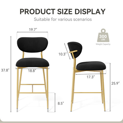 Velvet Bar Stools – 26” Height Gold Metal Legs Set of 2