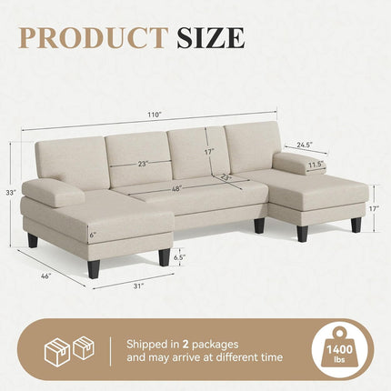 U-Shaped Sectional Sofa – Modular Double Chaise Sleeper Lounge
